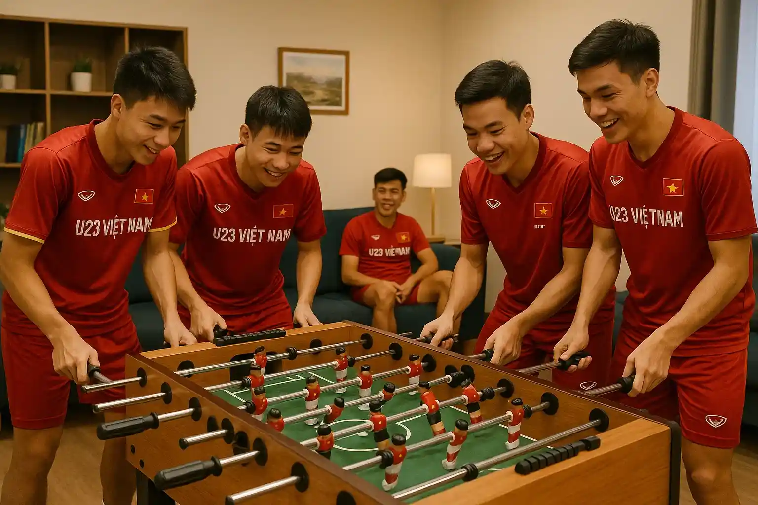 Cầu thủ U23 Việt Nam chơi bi lắc và thư giãn trong phòng sinh hoạt